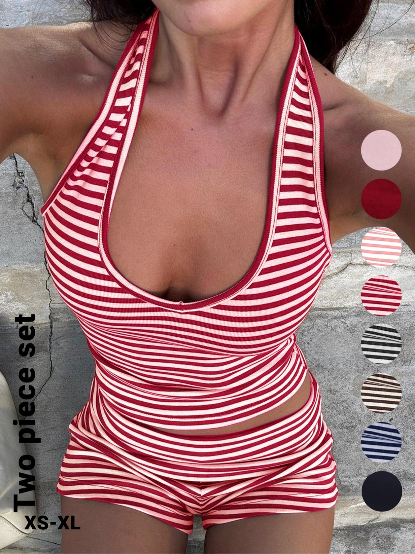 Women's Casual Striped Halter Neck Crop Top & Shorts Set, Summer Fitted Two-Piece, Regular Length, Moderate Fabric Thickness, Womenswear Women's Casual Striped Halter Neck Crop Top & Shorts Set, Summer Fitted Two-Piece, Regular Length, Moderate Fabric Thickness, Womenswear