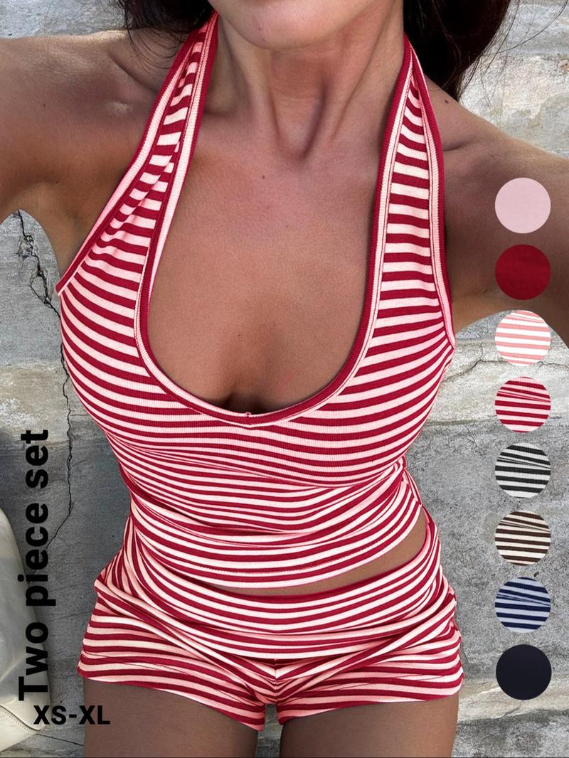 Women's Casual Striped Halter Neck Crop Top & Shorts Set, Summer Fitted Two-Piece, Stretchy Outfit Sets, Regular Length, Moderate Fabric Thickness