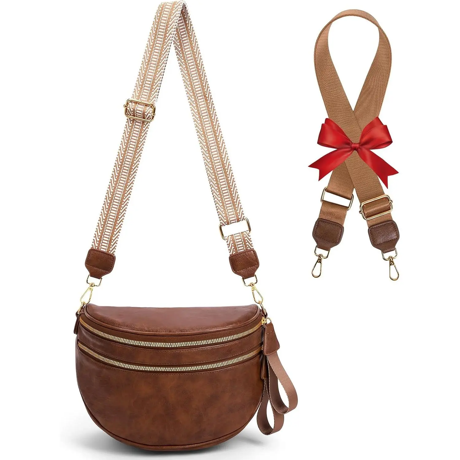 Leather Bum Bag for Women, Large Crossbody Fanny Pack with 2 Straps, Soft Vegan Leather Sling Handbag for Travel