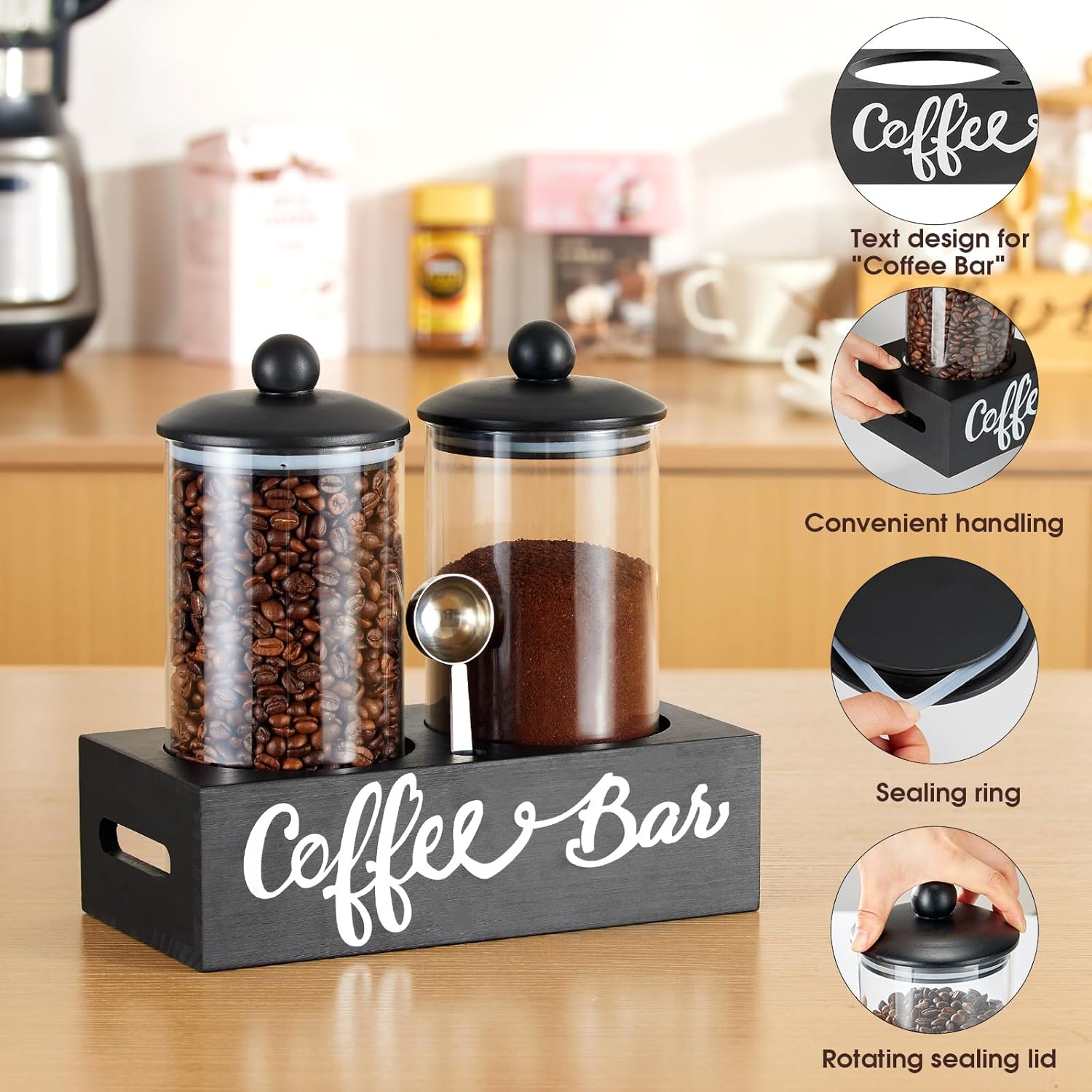 Glass Sugar Coffee Canister for Ground Coffee,2x55OZ Coffee Containers with Handle Shelf Coffee Bar Station Accessories Organizer Decor, Storage Jars with Iron Coffee Scoop for Kitchen