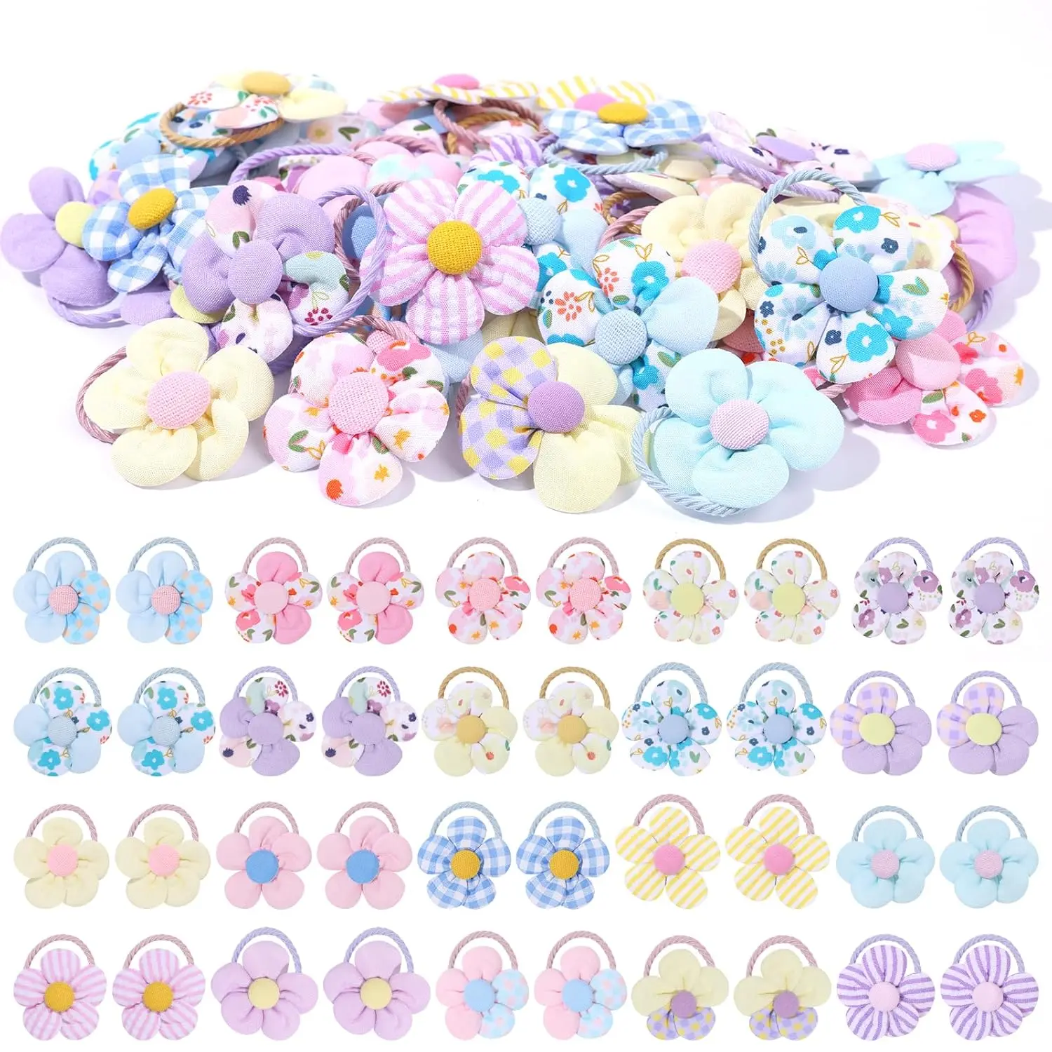 40 count  Hair Ties for Girls,  Girls Cute Flower Hair Ties, 2 Inch Little Girl Mini Scrunchies Elastic Rubber Hair Band Accessories for   , Multi-colored