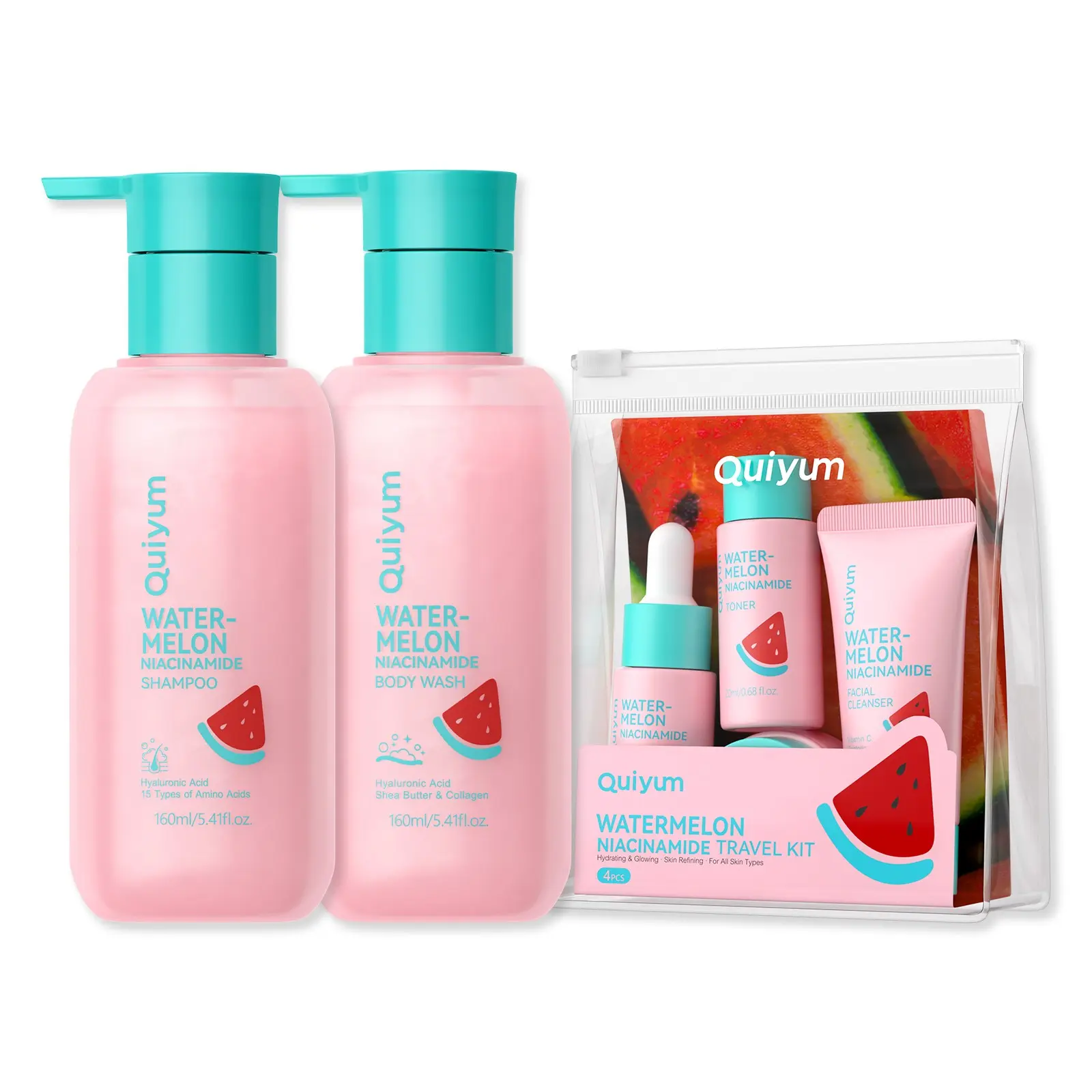 QUIYUM Watermelon Niacinamide Body Care & Skincare Bundle,  Includes Daily Body Wash, Hydrating Shampoo and 4-Pack Travel Size Toiletries Kit (Cleanser, Toner, Serum, Moisturizer) for Glowing Skin & Hair, TSA Approved Travel Size Gift Set