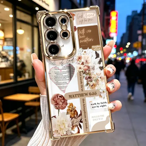 Faith & Grace Cross Pattern Phone Case, Electroplated Cover with Airbag Shockproof Slim Soft TPU Cover for Samsung S26 S25 S24 S23 S22 Ultra S25Edge S24FE Plus S25+, Christian Floral Bible Verse
