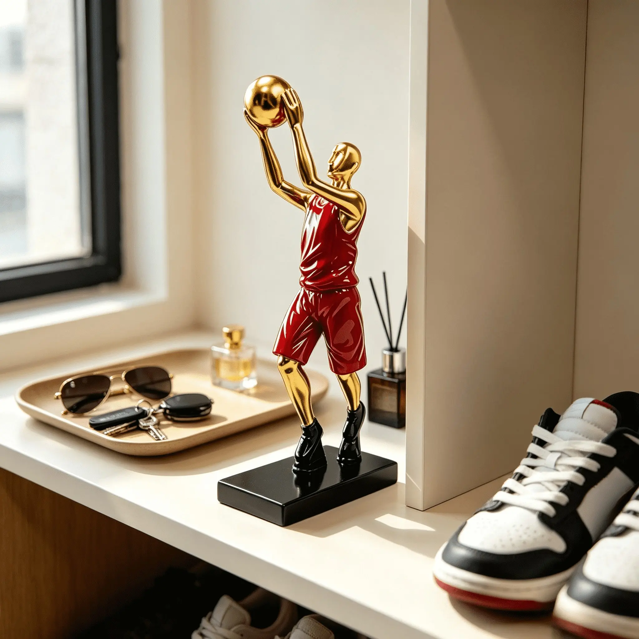 Minimalist Two-Tone Golden Red Shooting Basketball Athlete Resin Statue Sports Art Craft Shelf Decor Collectible Gift for Basketball Lovers Men Boyfriend Sports Theme Room