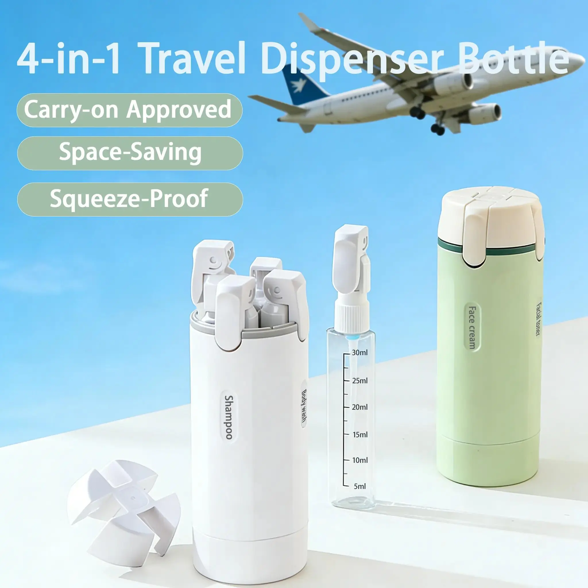 4 in 1 Travel Dispenser, 4 Pack 30ML Travel Bottles for Toiletries, Leak Proof Travel Size Containers, Portable Containers for Shampoo Lotion Conditioner Cream dispenser bottle 4-in-1