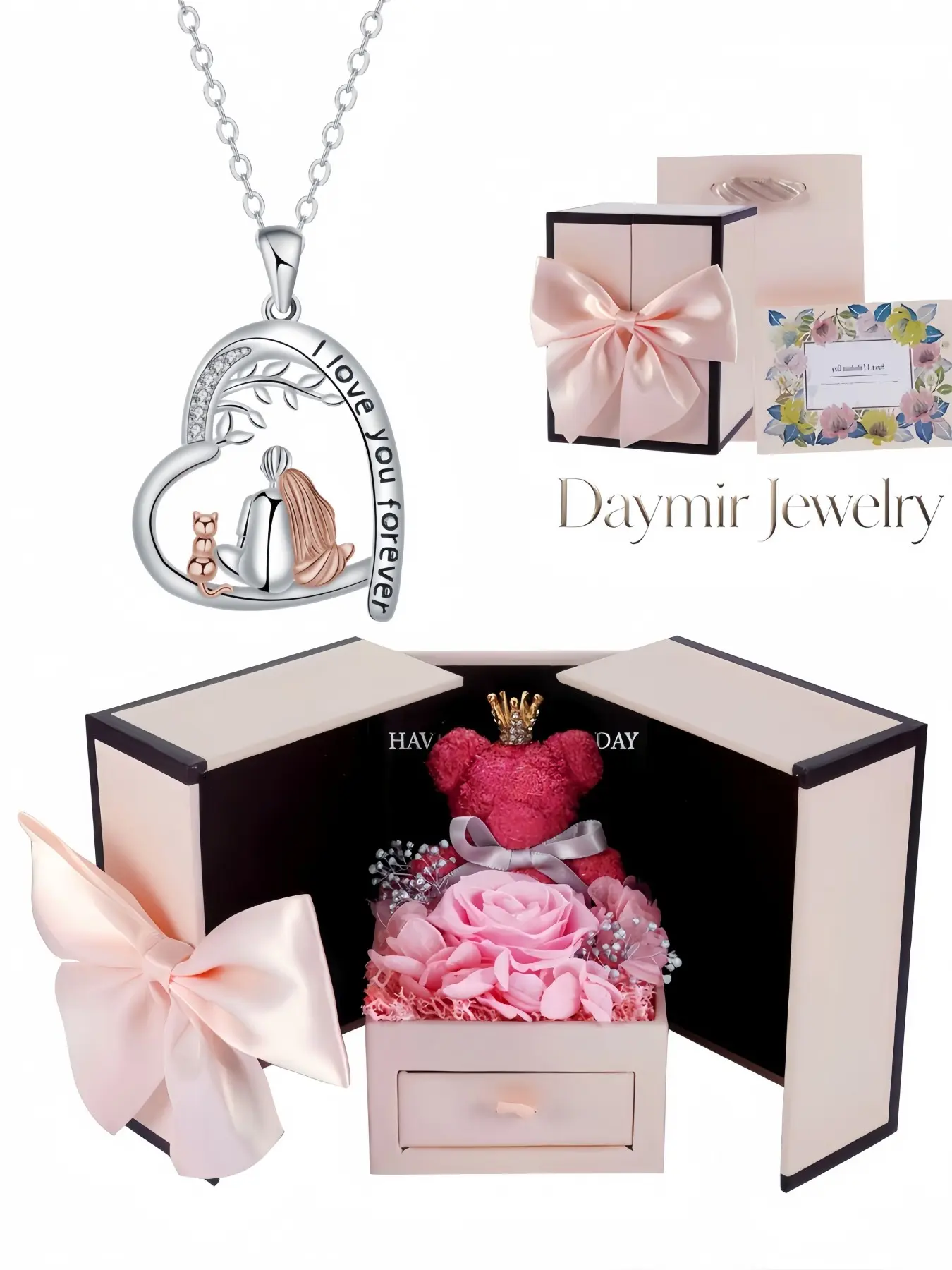 Tree Promise Two-Tone Heart Clavicle Chain, elegant couple necklace engraved with I love you. Packaged in preserved rose bear jewelry box, a lovely surprise gift for birthdays, Valentine’s Day, Mother’s Day and Christmas.