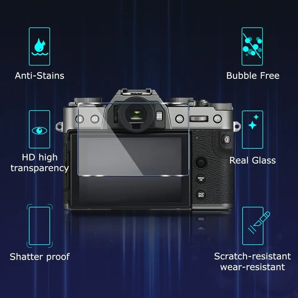 Camera Accessory: Tempered Glass Screen Protector for FUJI X-T30. High-transmittance, scratch and impact resistant, anti-fingerprint. Easy to apply with no white edges, does not affect touch control, shields the original camera screen from wear.