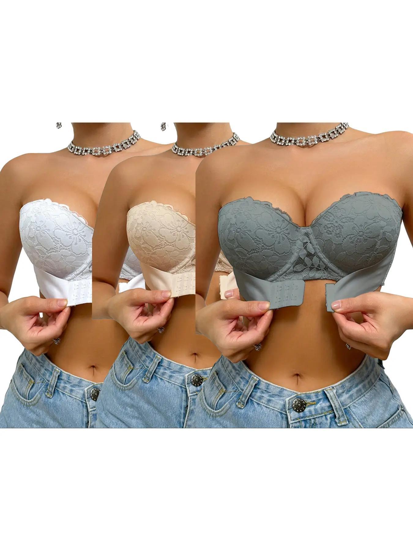 Women's Contrast Floral Lace Push-Up Strapless Bra, New Style Sexy Invisible Front-Buckle Bra, Women's Lingerie for All Seasons