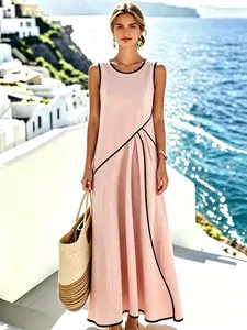 2026 Summer Coastal Grandma Linen Elegant Maxi Dress, Women Sleeveless Contrast Piping, Flowy a Line Long Dress, Casual Beach