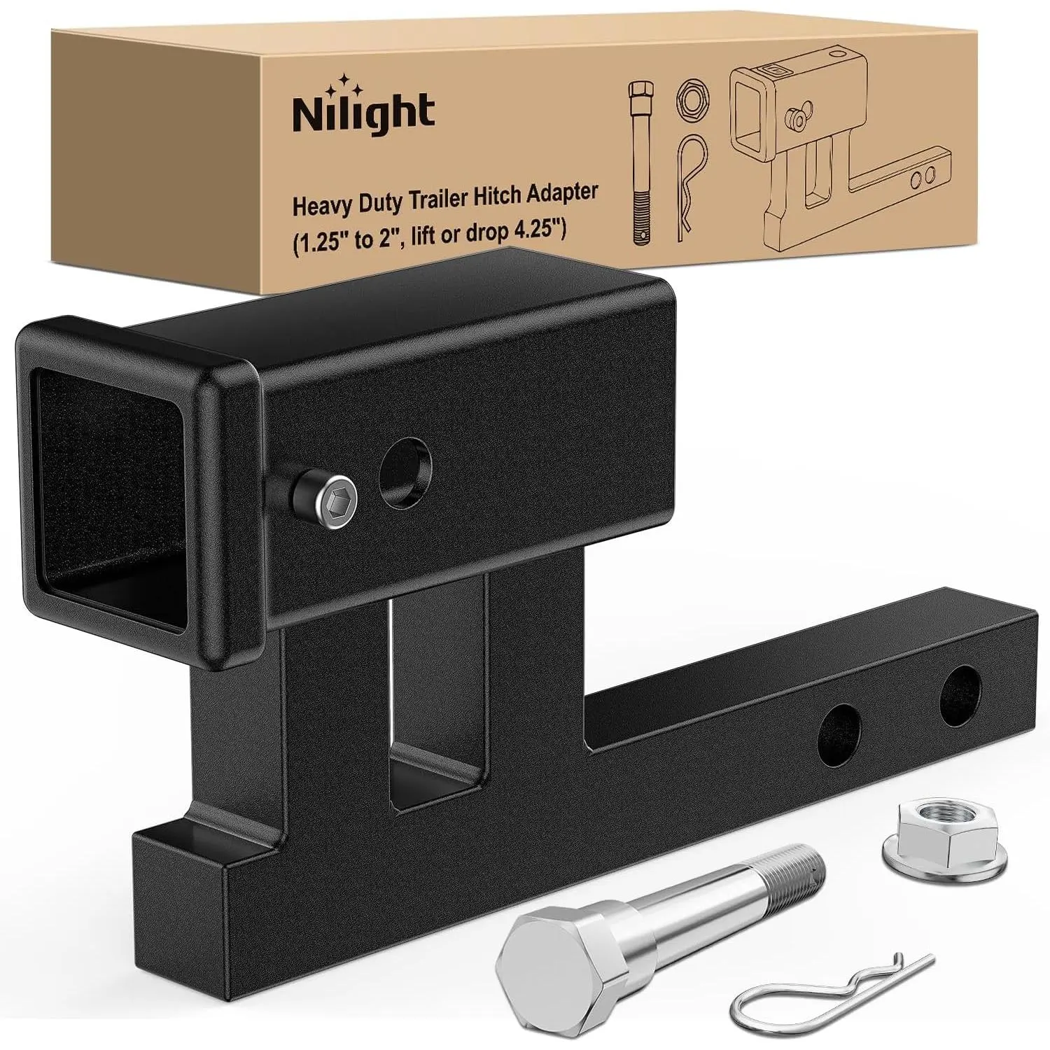 Nilight Trailer Hitch Extender Adapt 1-1/4 Inch to 2 Inch Receiver, 4-1/4 Inch Rise or Drop with Bolt Nut Clip 350 lbs TW Adjustable Extend 7.5 Inch and 9.5 Inch Length Matte Black Powder Coated