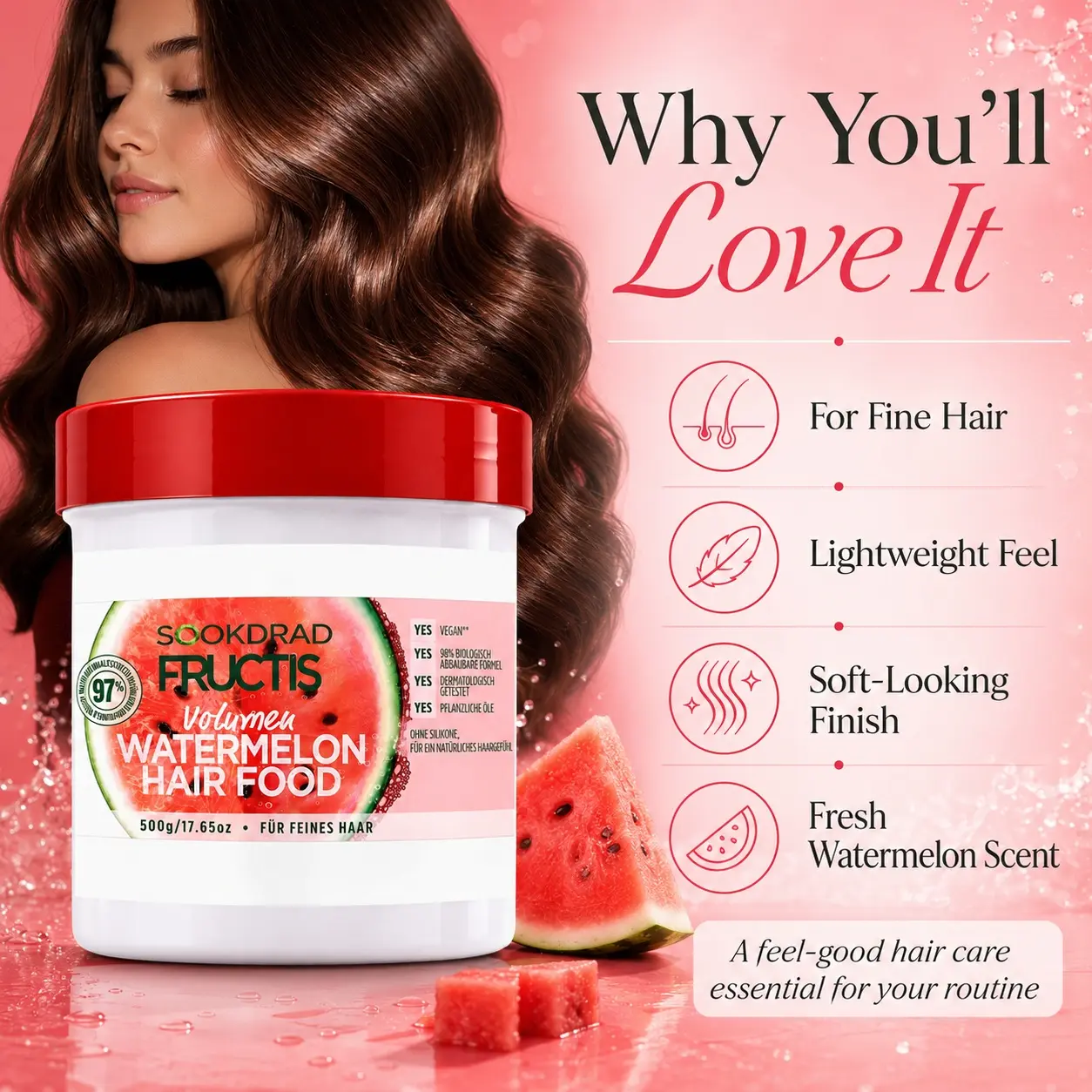 Watermelon Hair Food, Volume Boost, For Fine Hair, Vegan, 98% Biodegradable Formula, Dermatologically Tested, Plant Oils, Silicone Free, 17.65oz, 500g