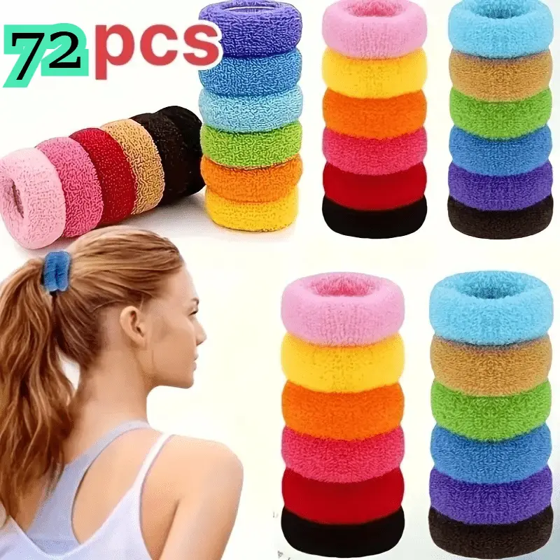 72Pcs/6Bags Ladies' Elegant and Sweet Candy Colored High Elastic Wide Edge Hair Loop, Towel Loop Is Suitable for Thick Hair, Does Not Damage Hair, Does Not Tie Hair, High Ponytail Dressing Hair Rope