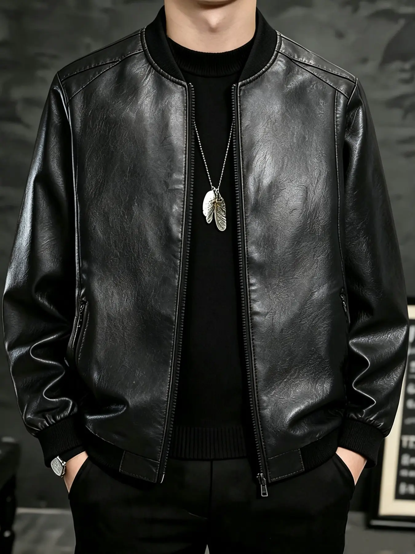Men's Vintage Leather Jacket, Ribbed Knit Collar and Sleeves, Smooth Zipper Closure, Side Pocket, Street Style, Spring & Fall Outerwear
