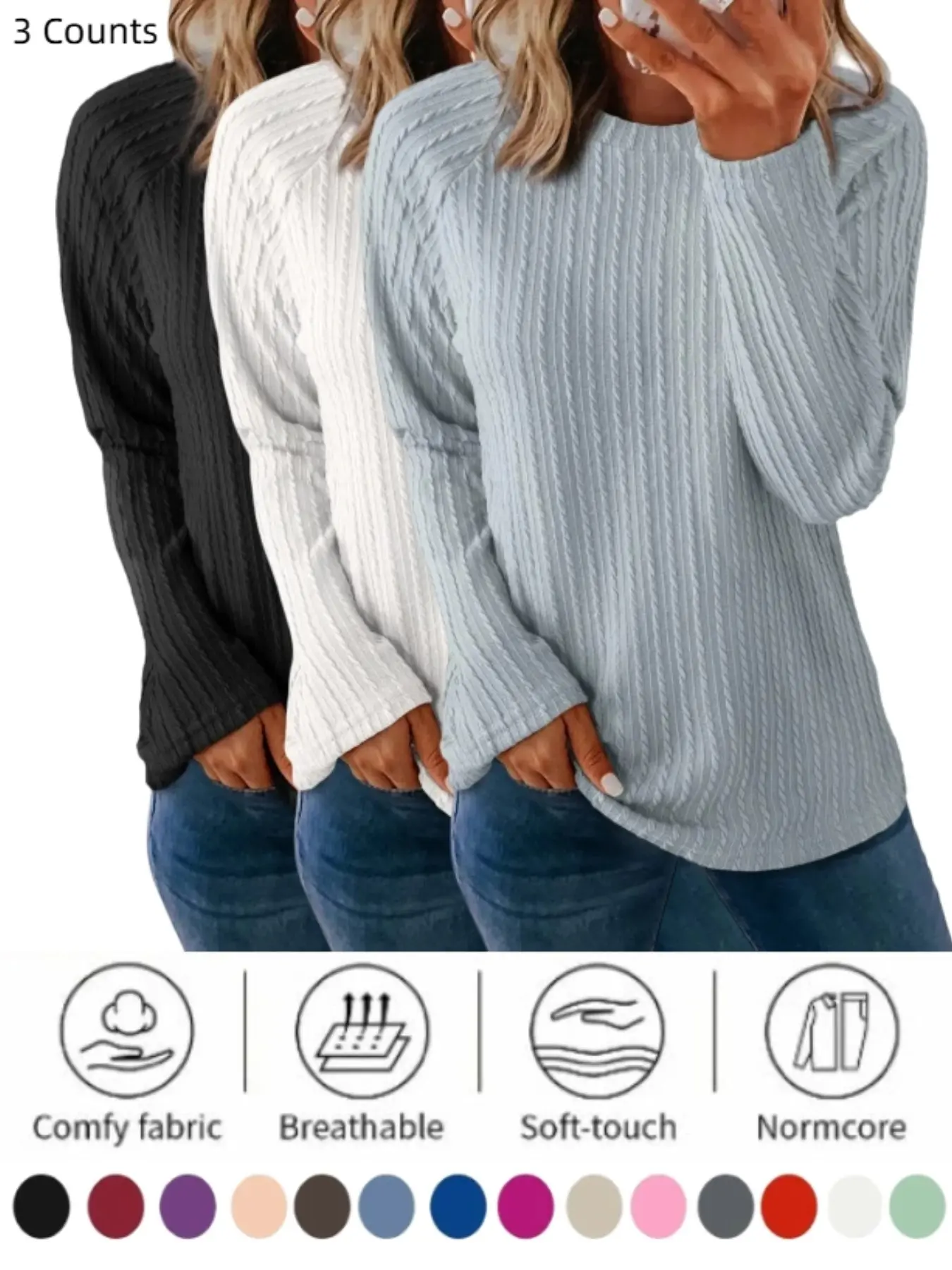 Women's 1/3 Piece Crew Neck Cable Textured Raglan Long Sleeve Casual Knit Top, Comfortable and Stylish Pullover for Daily Wear