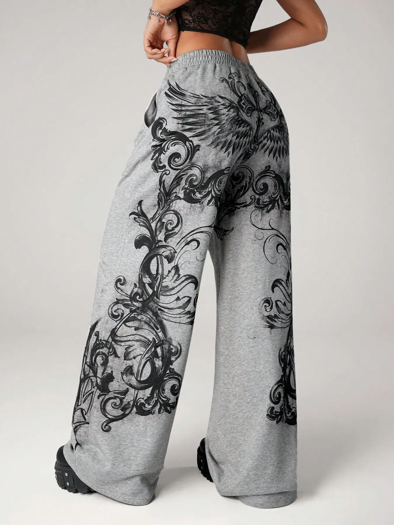 Soft Breathable French Terry Elastic High Waist Baggy Relaxed Fit Street Goth Y2K Punk Edgy / Baroque Phoenix Scroll Art Graphic Wide Leg Sweatpants With Deep Side Pockets For Daily Street Party Club Rave Festival Casual Going‑out Night Out Concert Wear