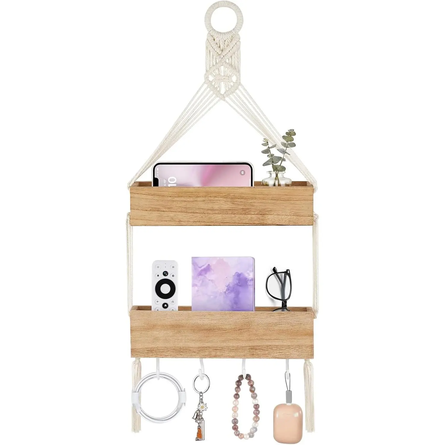 Mkono Tasseled Ropes Compact Macrame Multi-Hooks Hanging Floating Shelf, Boho Wood Wall Mount Decor & Storage Organizer for Girls Bedroom, Holds Phone, Remote, Accessories (Small)