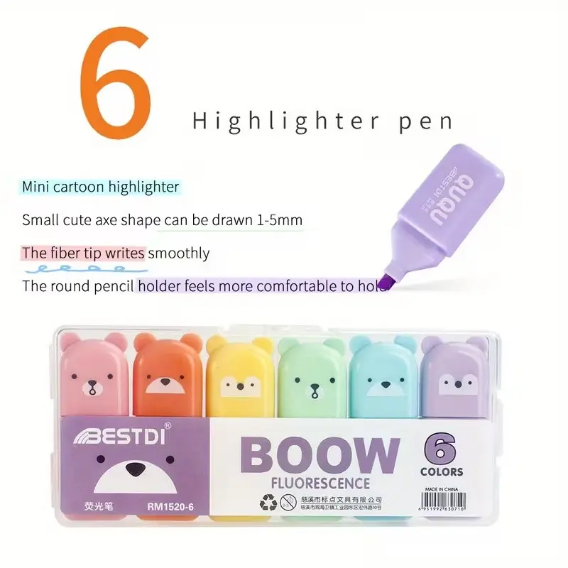 6 Color Set Mini Fluorescent Pens, Eye-Friendly Macaron Highlighters, Permanent Marking Sticks, Ideal for Underlining and Notetaking