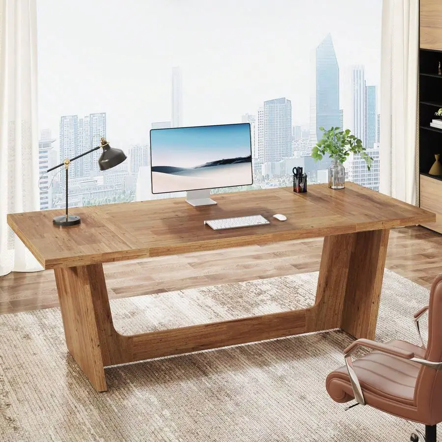 6FT Conference Table, 71-Inch Large Executive Rectangular Meeting Table Office, Sturdy Business Desk With Solid Wooden Pedestal, Industrial Seminar Table