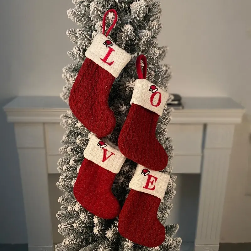 Knitted Letter Christmas Socks, Dual-Sided Fireplace Hanging Socks, Holiday Party Decor Gift, Home Festival Decoration Ornaments, Santa Sock Gift Bag