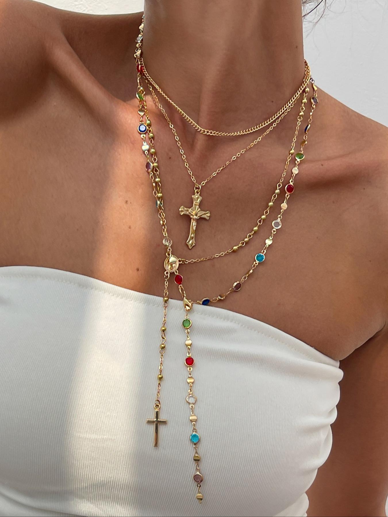 4 Piece Set Vintage Metal Jesus Cross Y-Style Long, Bohemian Style Boho Chic Colorful Crystal Glitter Cross Pendant Jewelry, Perfect Fashion Gift for Women