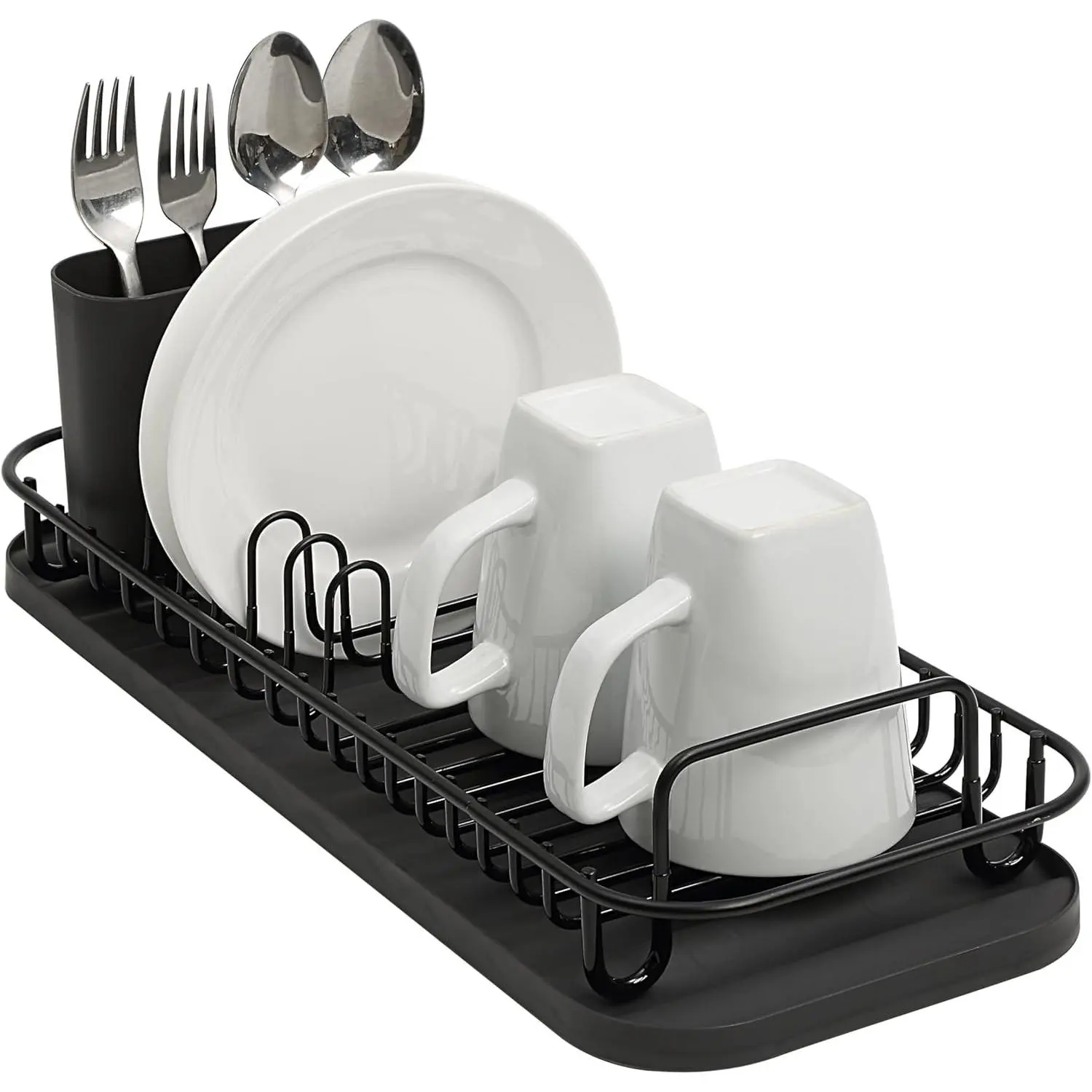 Black 304 Stainless Steel Compact Functional Kitchen Utility Dish Drying Rack with Utensil Holder, Removable Drain Tray for Counter/Sink Daily Use