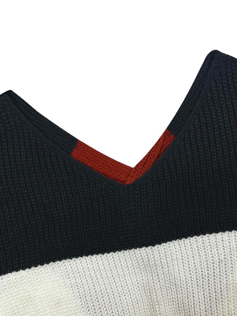 Elegant Off-Shoulder Colorblock Knit Sweater Top, Casual V Neck Twist Design, Spring & Fall Fashion, Fitted Medium Fabric, Knitwear