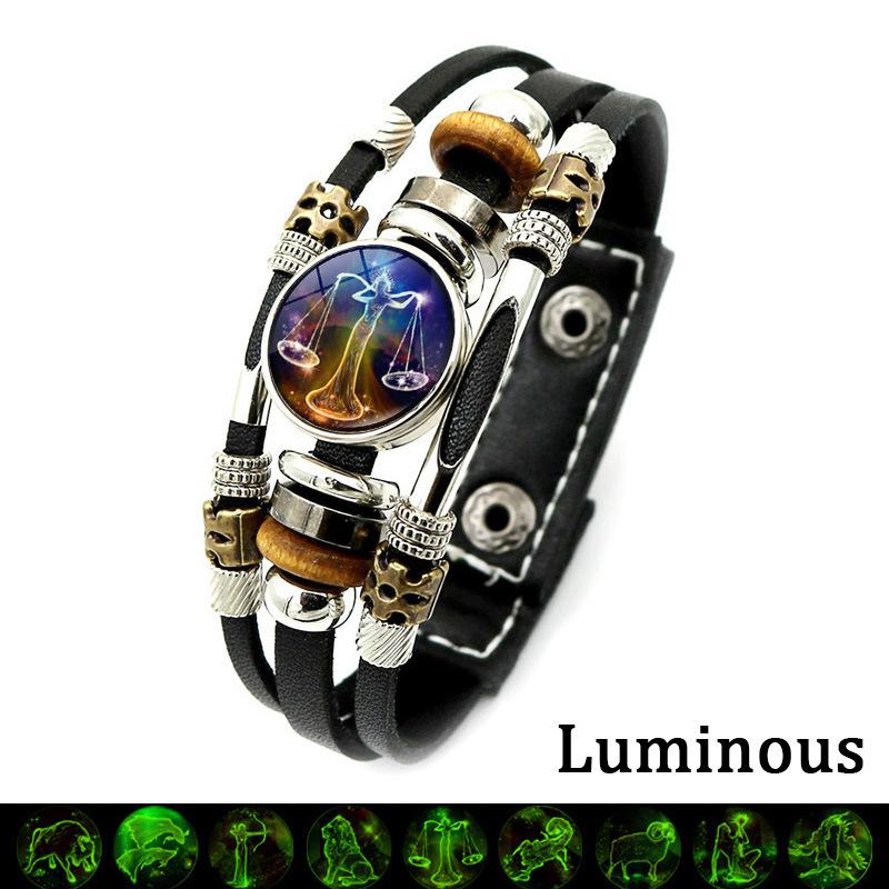New Twelve Zodiac Signs Luminous Leather Bracelet Vintage Punk Multi-layer Woven Beaded Bracelet Jewelry