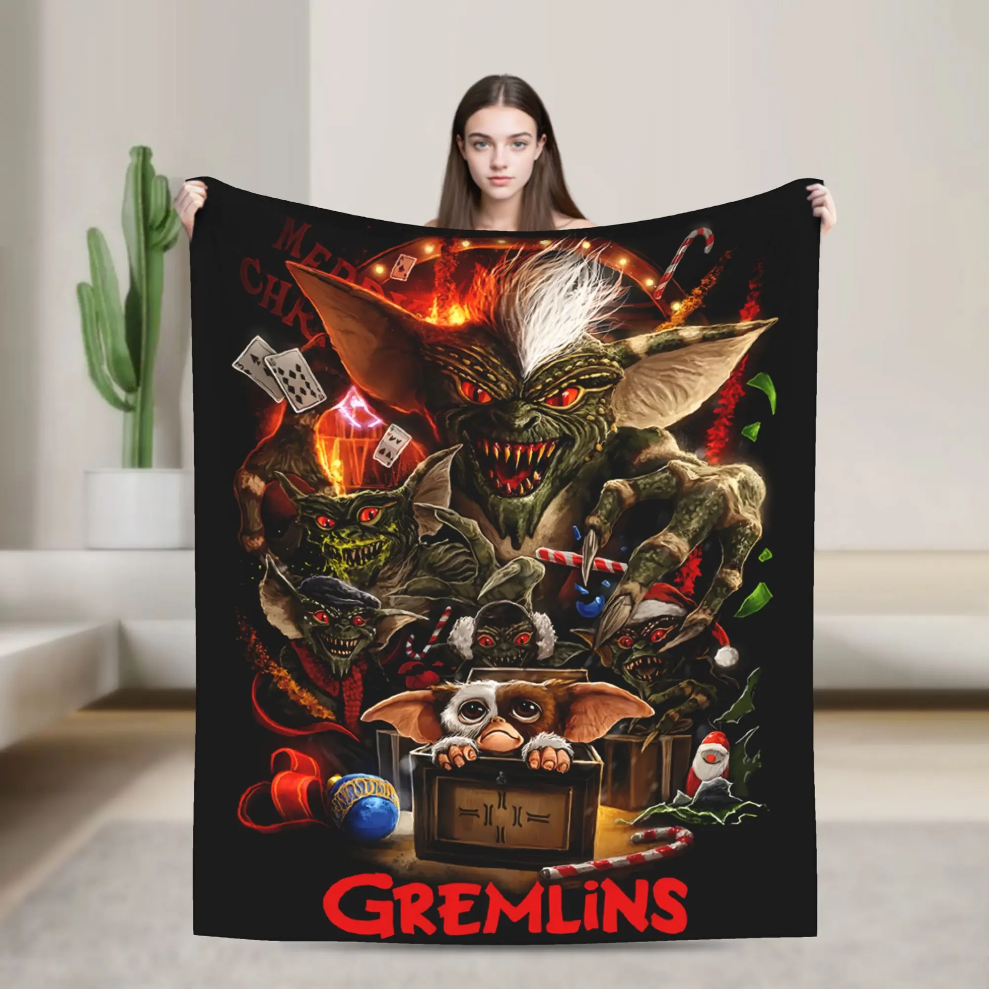 Gremlins Christmas Horror Movie Throw Blanket, Gizmo Monster Xmas Flannel Fleece Blanket, Soft Blanket, Holiday Gift for Horror Film Fans