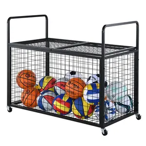 【DealsForYouDays】VEVOR Rolling Sports Ball Storage Cart, Lockable Basketball Cage with Double Lids, Sport Equipment Holder Organizer for Indoor Outdoor, Steel Storage Rack for Garages, Playgroup, Gym and Schools
