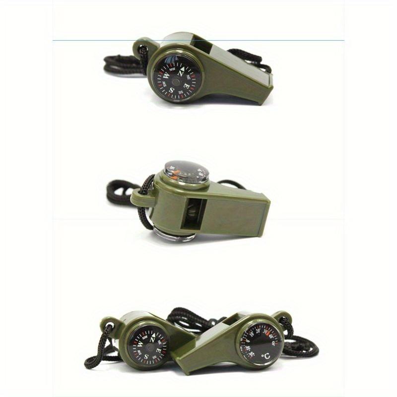 Single olive green three-in-one emergency survival post with compass, thermometer and lanyard - made of durable PP material, ideal for camping, hiking and outdoor activities, camping gear