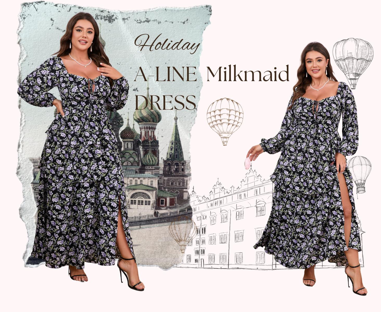 EYWOL Women's Plus Size Holiday Dress Christmas Party & Thanksgiving Outfit Boho Floral Long Sleeve Maxi with Side Slit Tiered Ruffles
