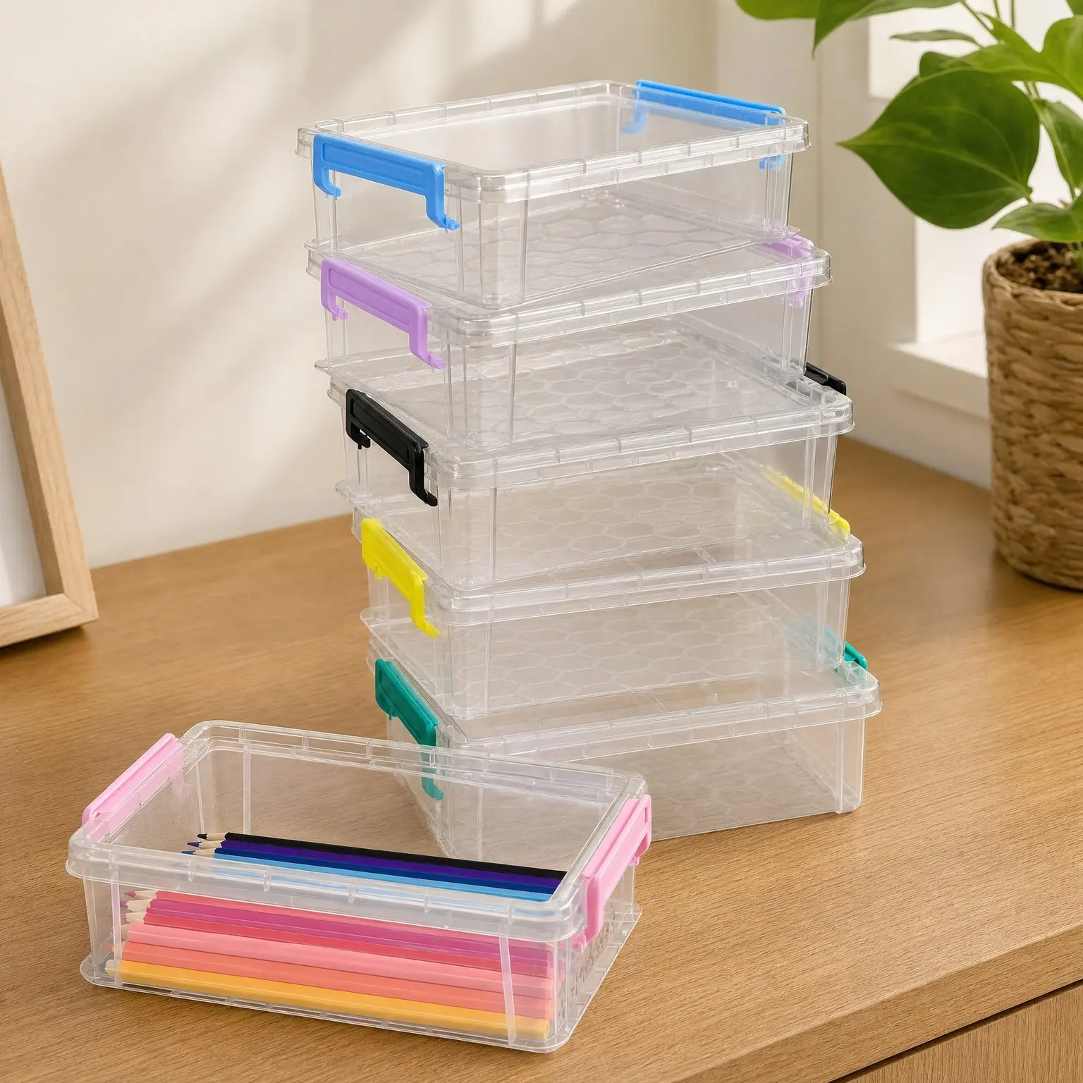6 Pack Extra Large Clear Plastic Pencil Boxes, Crayon Cases with Lids, Stackable Marker Organizer Storage Containers for Art Craft and Back to School Supplies, MultiGift