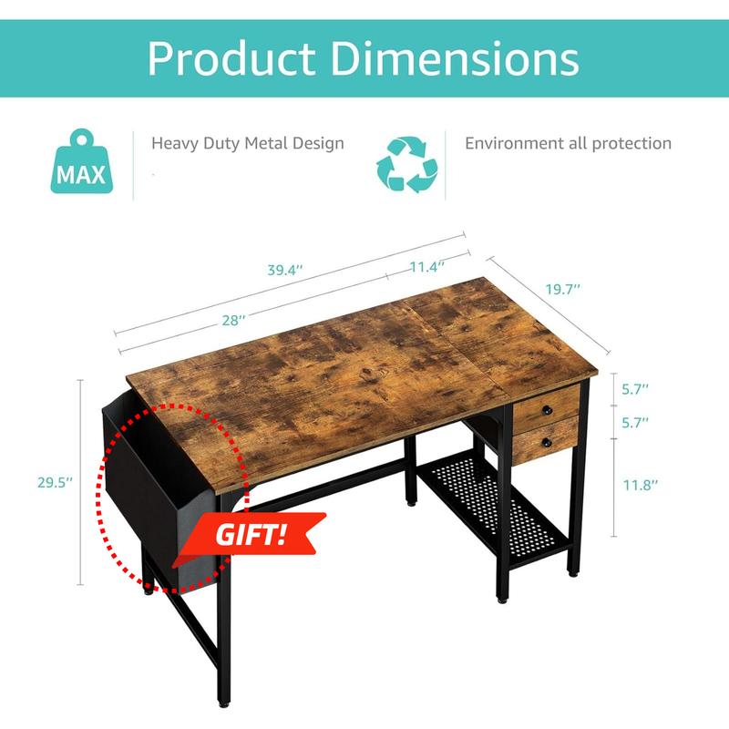 Lufeiya Computer Desk with Drawers - 40 Inch Work Reversible Small Desk for Bedroom Home Office, Simple Study Writing Table PC Desks with Drawer Storage Shelves, Rustic Brown, Get Free Gift