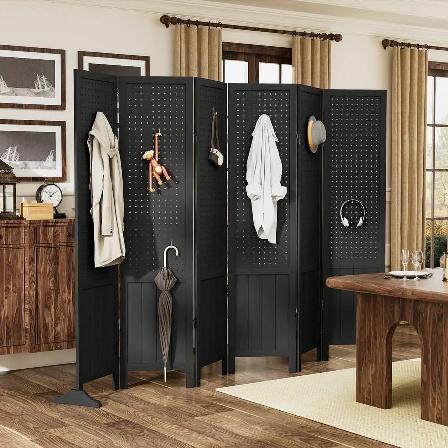 5.58 Ft Wooden Room Divider Display Organizer,Standalone Plug-In Panels With Supporting Feet,  Foldable Privacy Screen Partition, Multi-Functional Display Board, Suitable For Badroom,Living Room,Bathroom&Outdoor,Black