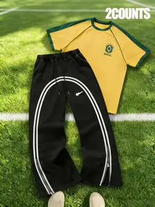 Brazil Flag Print T-Shirt Set, Colorblock Short Sleeve, American Street Style Side Big Arc Zip Wide Leg Pants Two Piece