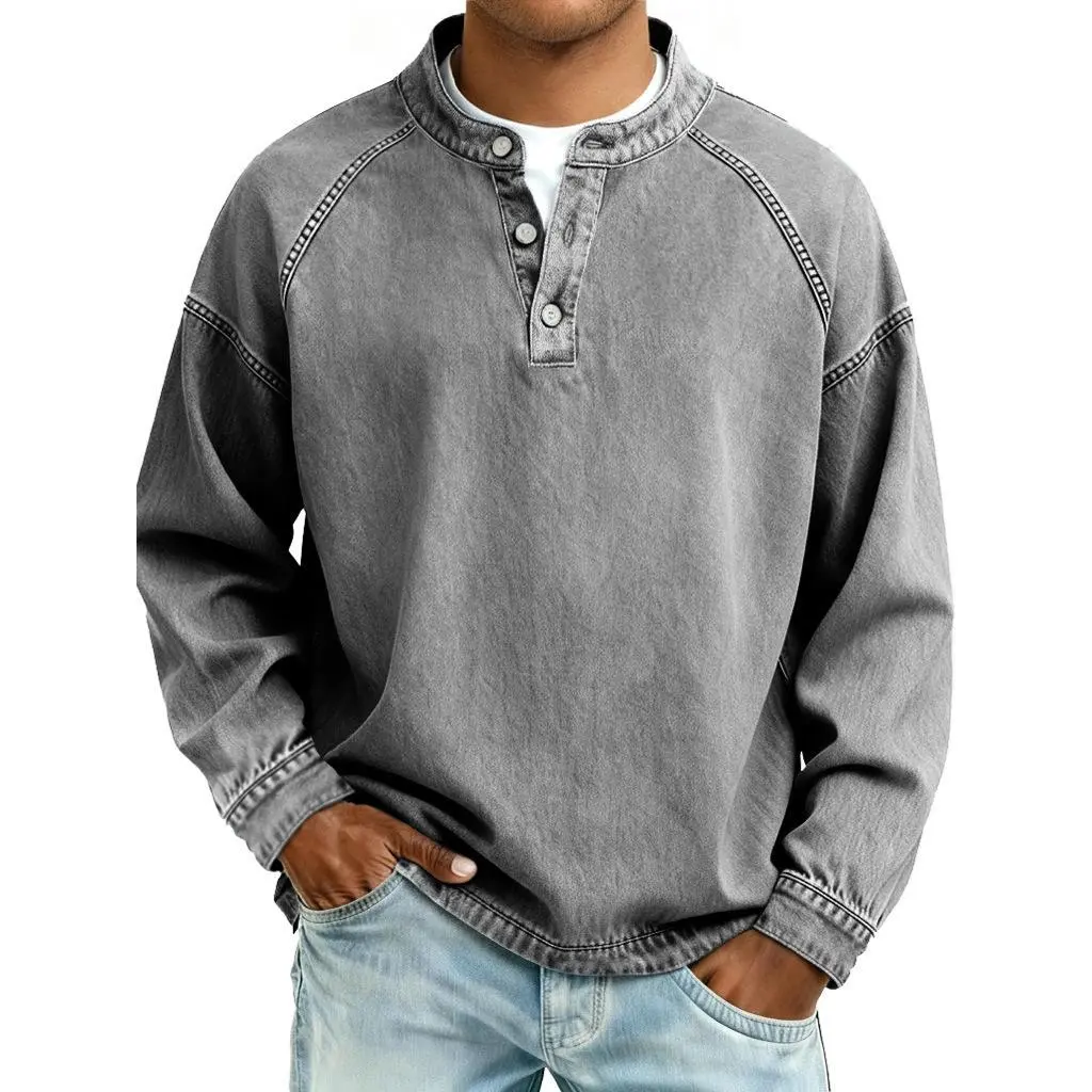 Trendy Men's Shirt Vintage Washed Solid Color Casual Long Sleeve Shirt Relaxed Henley Collar Design Versatile Daily Top Premium Soft Denim Fabric Neat Stitch Detailing Wrinkle Tolerant Layout Suitable Casual Comfy Collared Casual Henley Neck Menswear