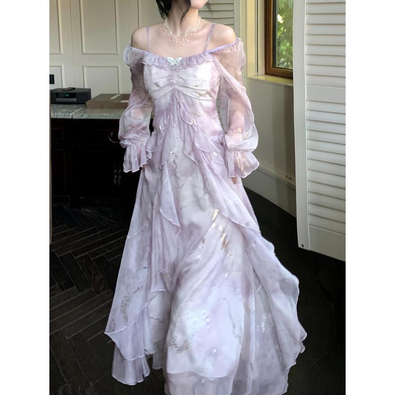 Women's Off-Shoulder Longsleeves Dress - Elegant Lavender Blue Gradient Floral Print, Ruffle Details, Character Outline, Polyester Clothes, Casual Wear, Spring-Summer Wedding Guest Attire