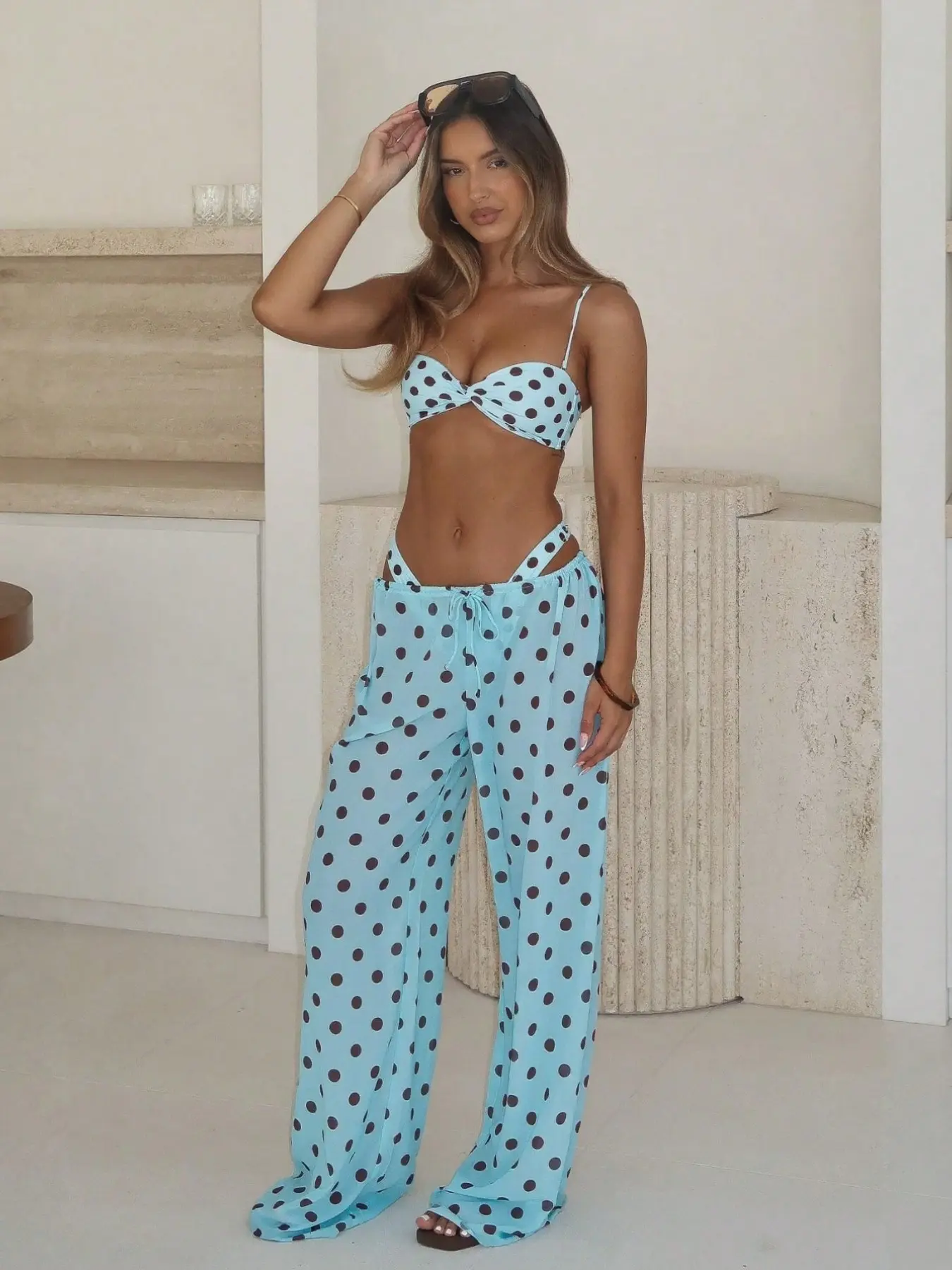 Women's Elegant Blue Polka Dot Swimwear Bikini Set with Matching Swim Shorts, Perfect for Summer Beach Parties and Events