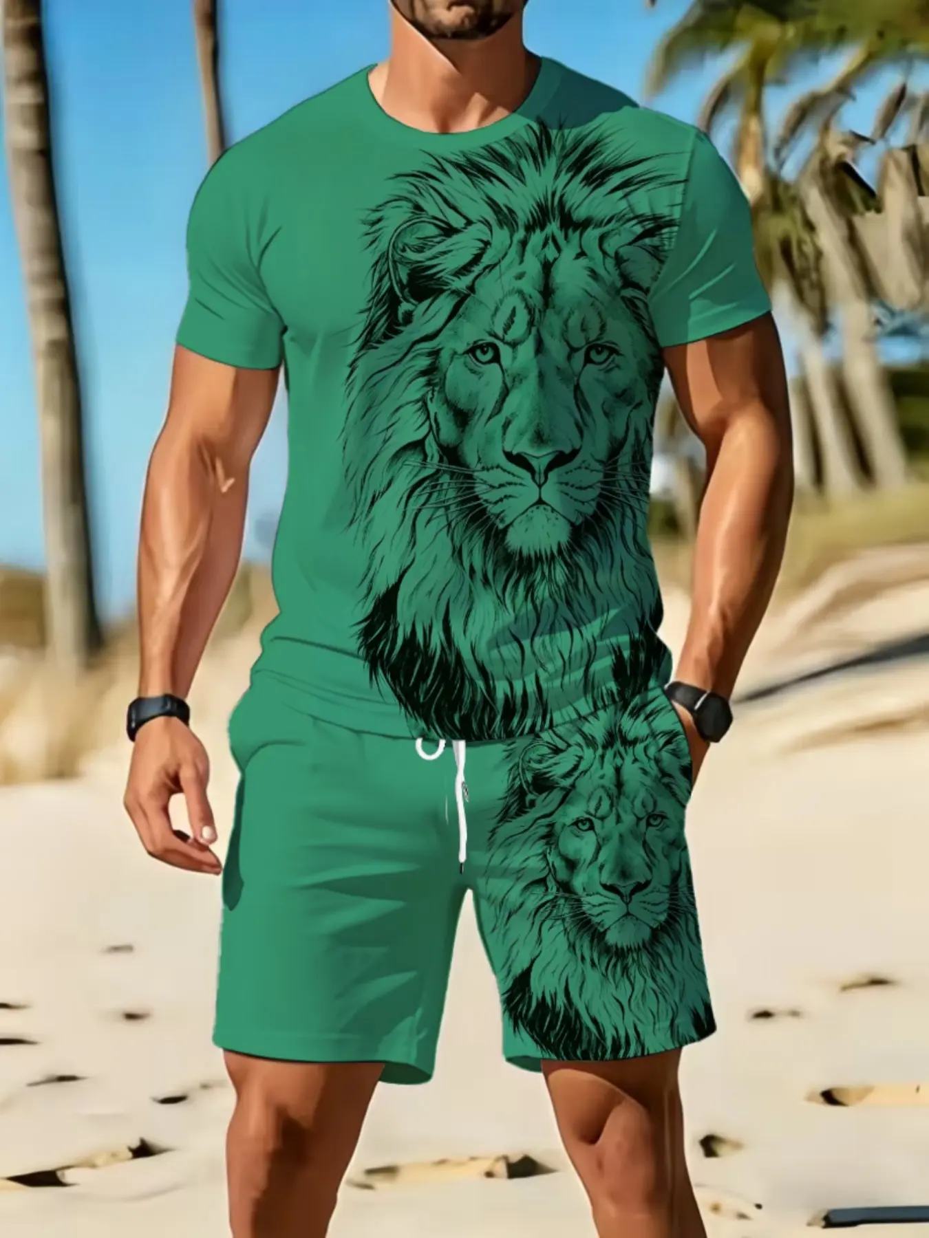 Lion Head Sketch Pattern Casual Short Sleeve Set, Comfortable Daily Wear, Fashion Lightweight Fabric, Slim-Fitting Design