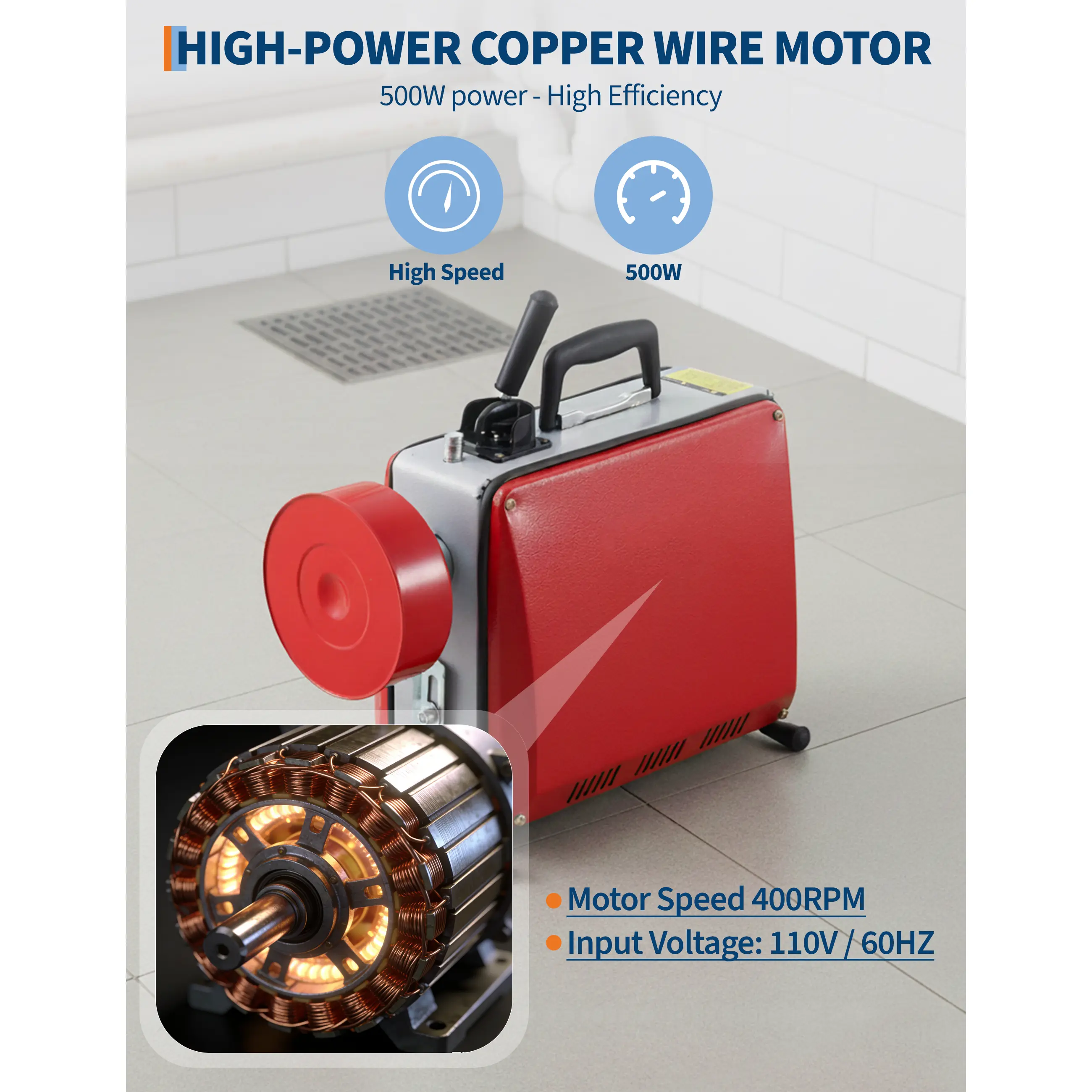 Heavy Duty Electric Drain Cleaner Sewer Snake Auger with 66Ft 5/8" & 16Ft 3/8" Steel Cables, 6 Replaceable Cutter Heads, Fits 1–4 Inch Pipes, Portable Drain Cleaning Machine for Plumbing Drain Maintenance