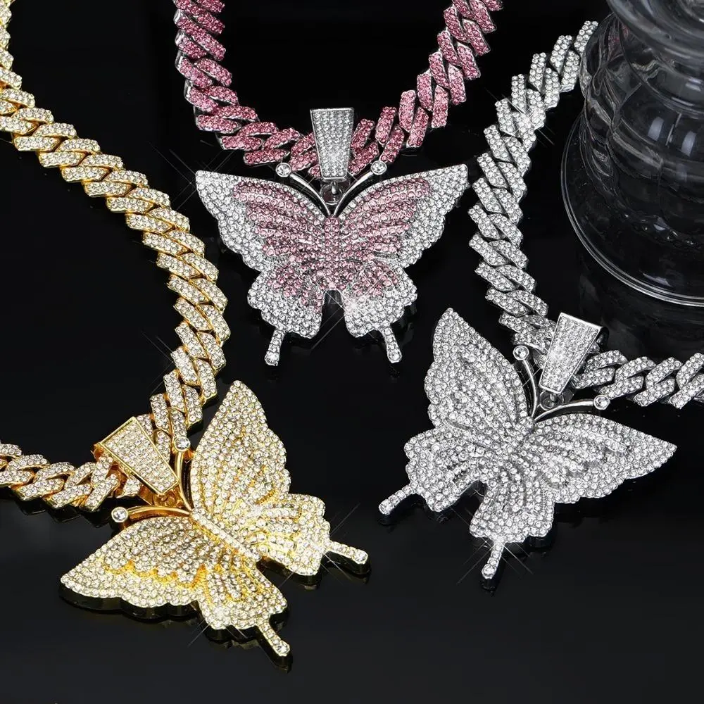 Unisex Iced Out Butterfly Pendant Cuban Chain Necklace - Alloy Base Paved CZs Hip Hop Bling Statement Jewelry, Men's Accessories, Accessories for Women, Party Wear Bag Charm
