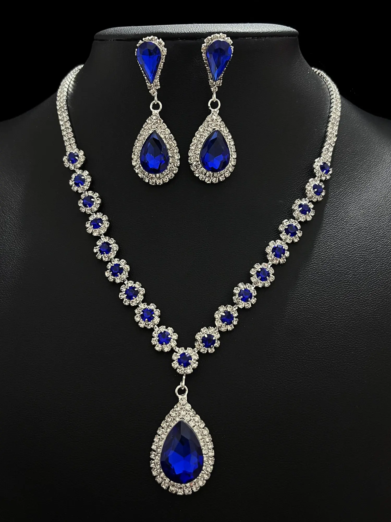 Bestselling Blue Teardrop Crystal Jewelry Set, 2Pcs Necklace & Earrings for Women