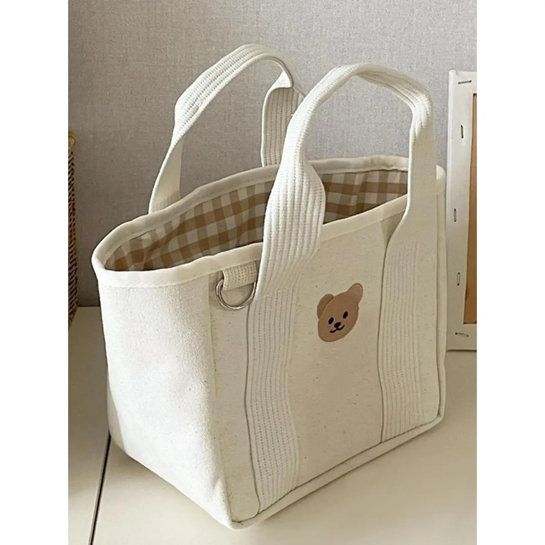 Cute bear embroidered canvas bag, Casual trendy bag, Fashion bags, black and white contrast color parent-child style, practical handbag crossbody bag combination, single shoulder handbag, suitable for daily travel, outdoor picnics