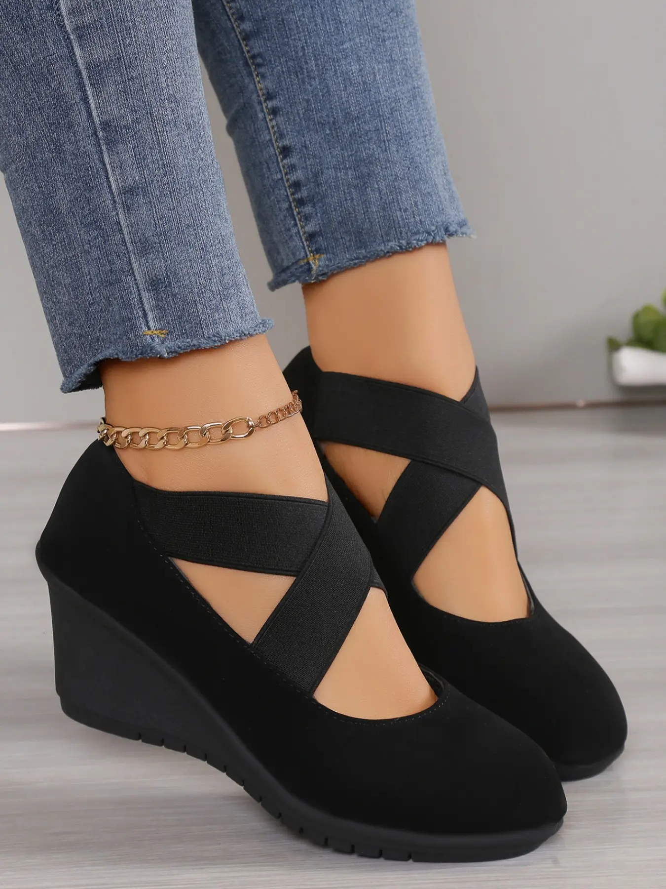 Women's Wedge Single Shoes, Simple Office Style, Cross Elastic Band, Faux Fur Anti-Slip Thick Sole, Comfortable Low Top Daily Wear