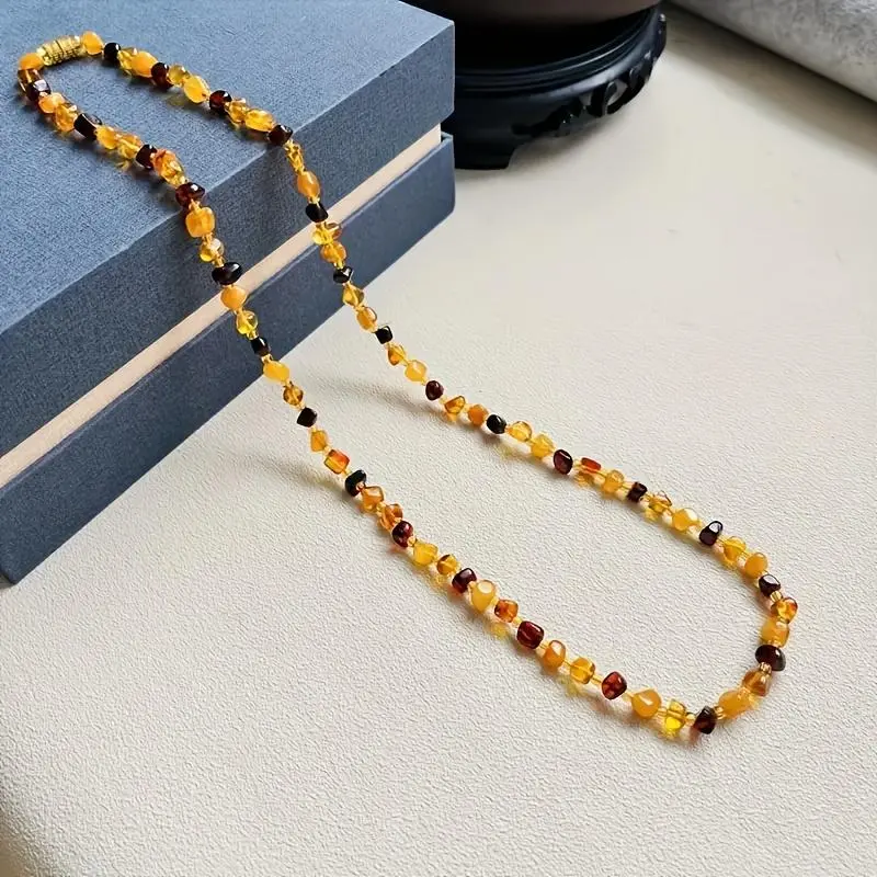 1 Bohemian Style Natural Amber Beaded Necklace - Yellow Honeycomb Amber Chain, Unplated, Handmade, Various Bead Lengths, Bohemian Fashion Jewelry, Natural Amber Wax with Minor Flaws is Normal {Multiple Shapes}