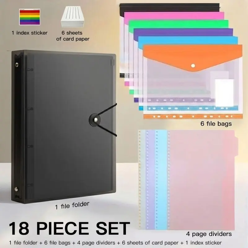 18pcs A4 Ring Binder Folder Set, Heavy-Duty Coloured PP File Organiser with 6 Punched Pockets, 4 Dividers, 4 Cards & Index Tabs for School, Office & Home, Files Organizer