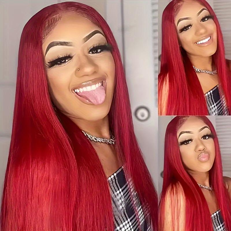 34Inch 250 Density Red Straight 13x4 HD Lace Front Wigs Human Hair Pre Plucked With Baby Hair 12A Brazilian Remy Long Straight 13x4 Invisible Lace Frontal Human Hair Wigs For Women Red Color