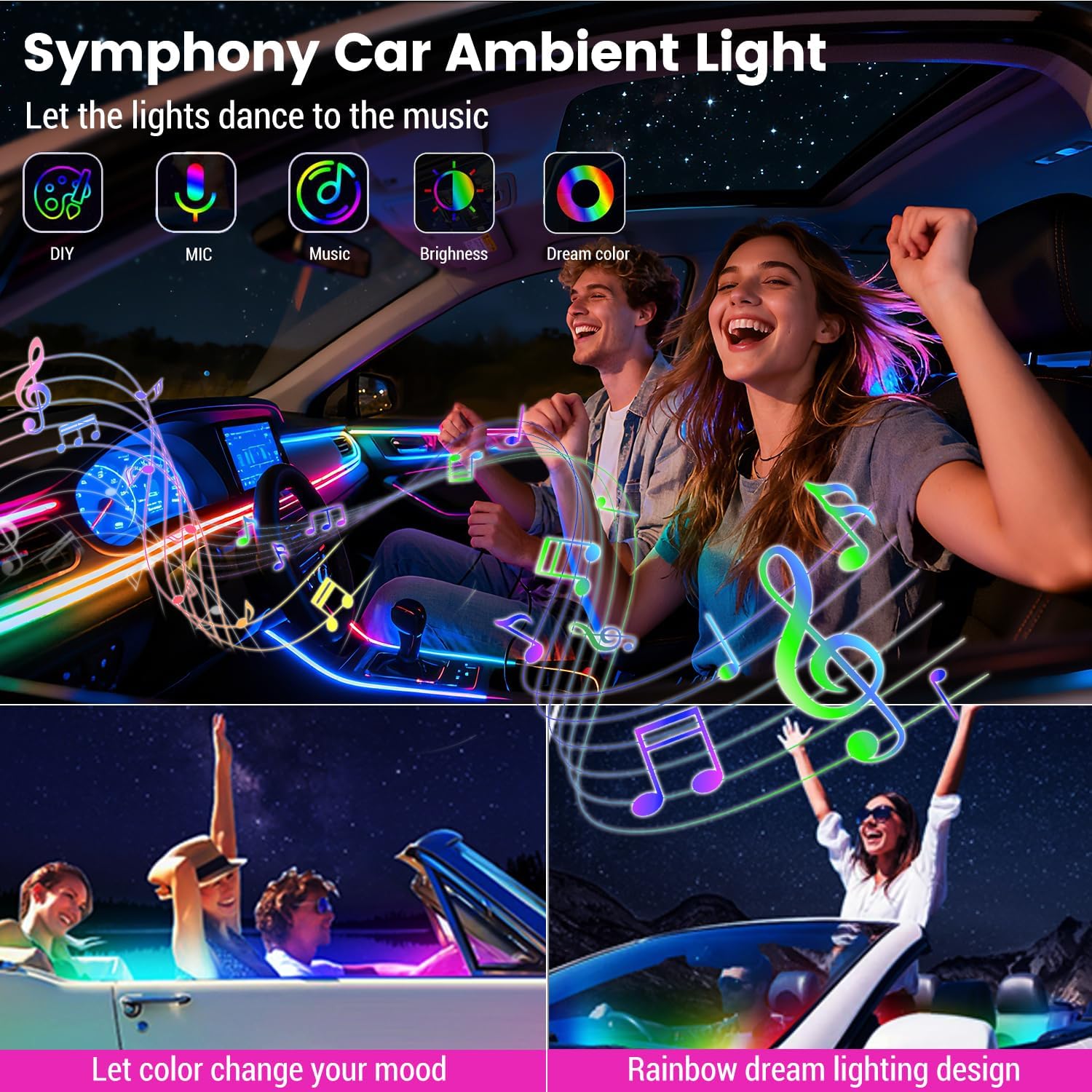 Dream Color  Interior  Ambient Light Kit,  30 in 1 593 LEDs Fiber Optic Multiple Modes Decoration Atmosphere Lights with Music Dynamic Rainbow Rhythm, RGB Neon Lights for
