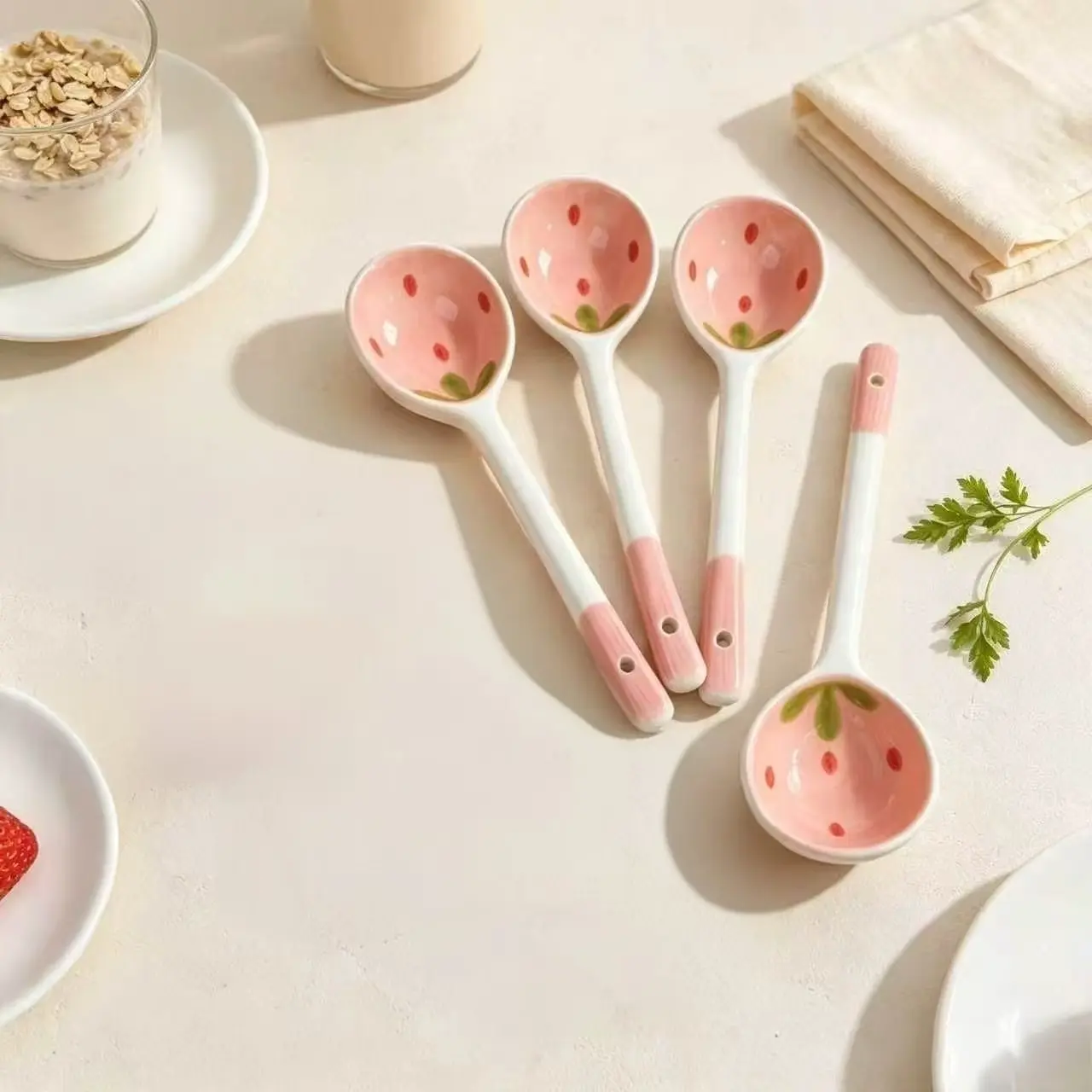 Cute Strawberry Ceramic Dessert Spoon, Kawaii Hand-Painted Porcelain Soup Scoop for Coffee, Tea, Yogurt & Ice Cream, Japanese Style Kitchen Cutlery