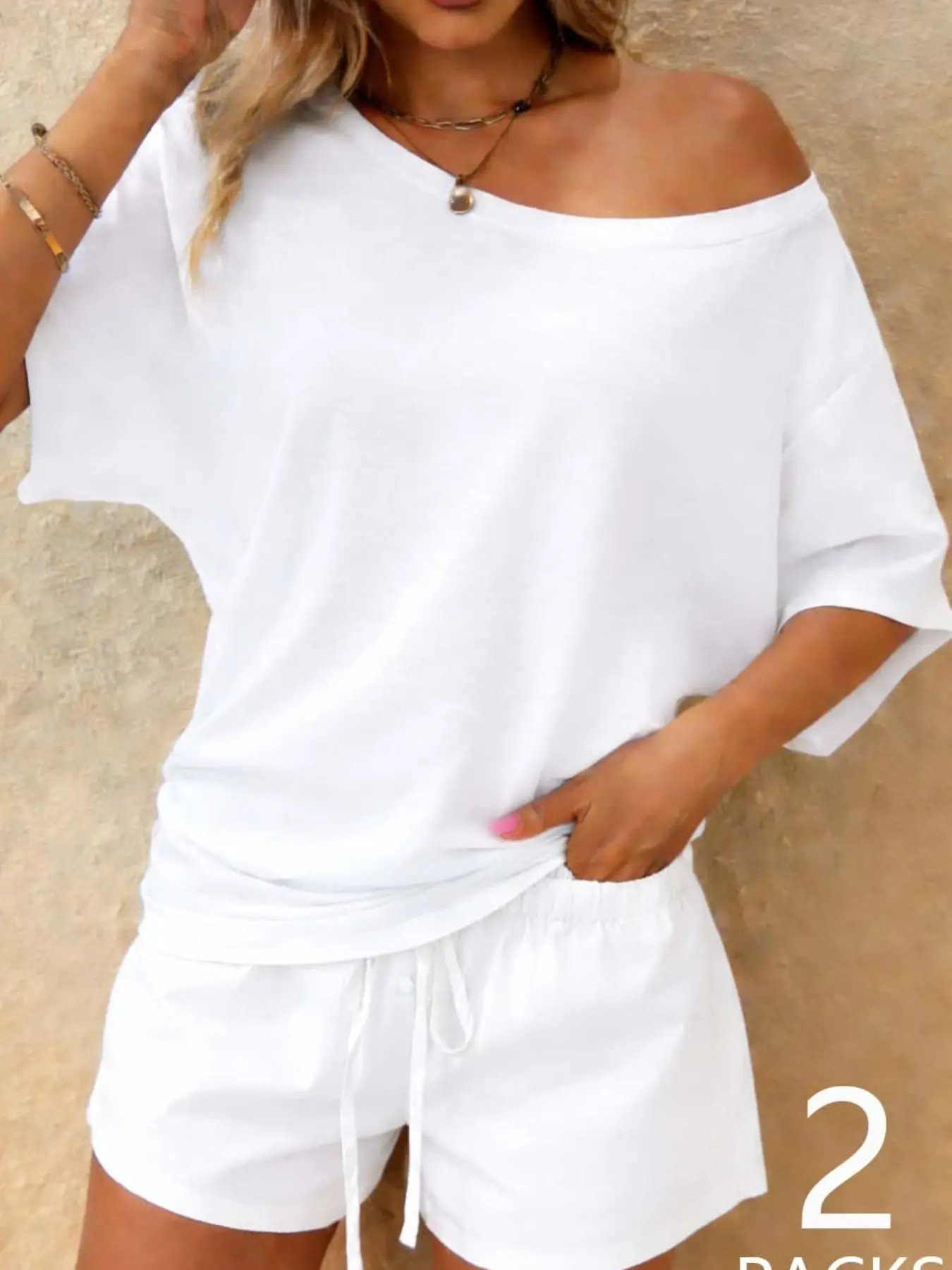 Women's 2-Pack Asymmetrical Off Shoulder Short Sleeve Top & Drawstring Waist Shorts Set, Soft Breathable Cotton Blend Fabric, Casual Daily Loungewear, White Navy Black & Stripe Print Available